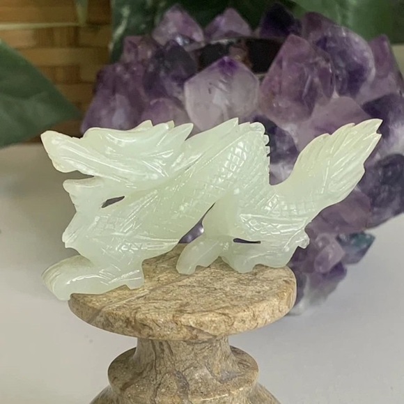 Handmade Other - Chinese Hand Carved Jade Stone Dragon Figurine Vintage Green Animal Carving 3"